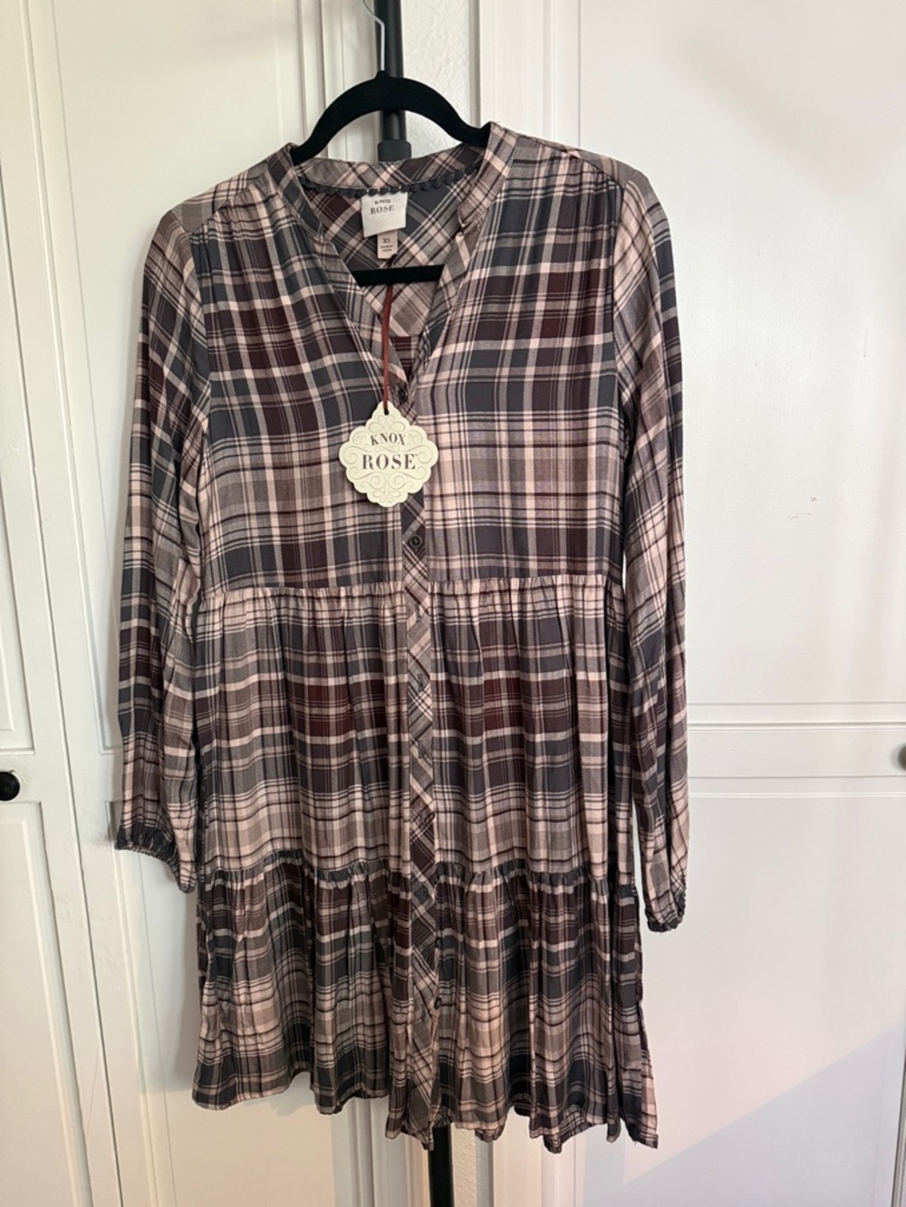 Knox Rose Neutral Plaid LS Button Down Dress